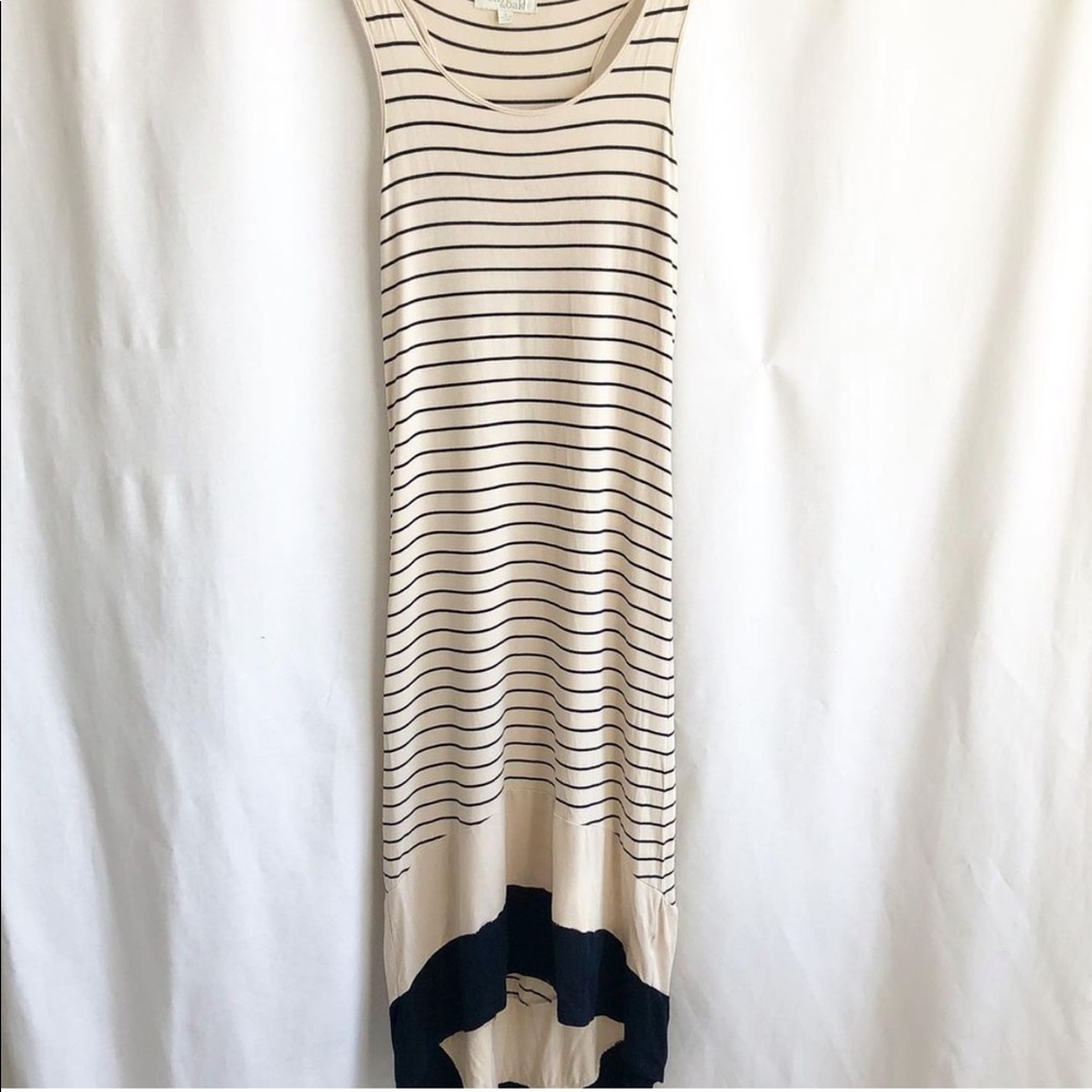 Olive & Oak taupe and navy blue stripe maxi dress
